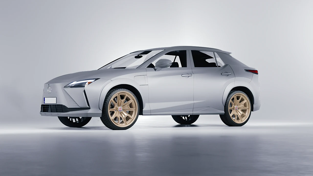 Lexus RZ 450e 2023 on HRE Performance Wheels 427M forged wheels, front three-quarter view