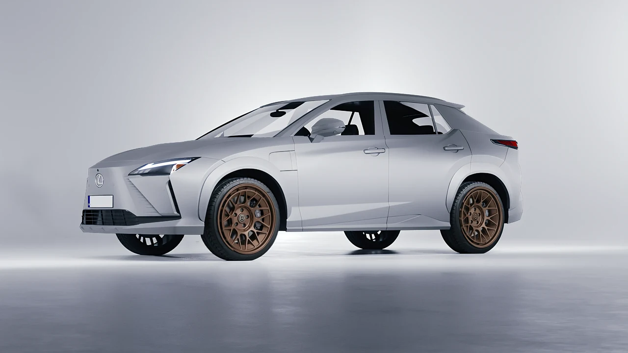 Lexus RZ 450e 2023 on HRE Performance Wheels 500-GTM forged wheels, front three-quarter view