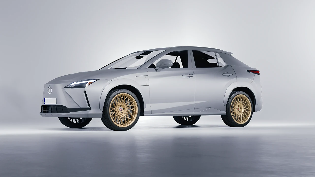Lexus RZ 450e 2023 on HRE Performance Wheels 501M forged wheels, front three-quarter view