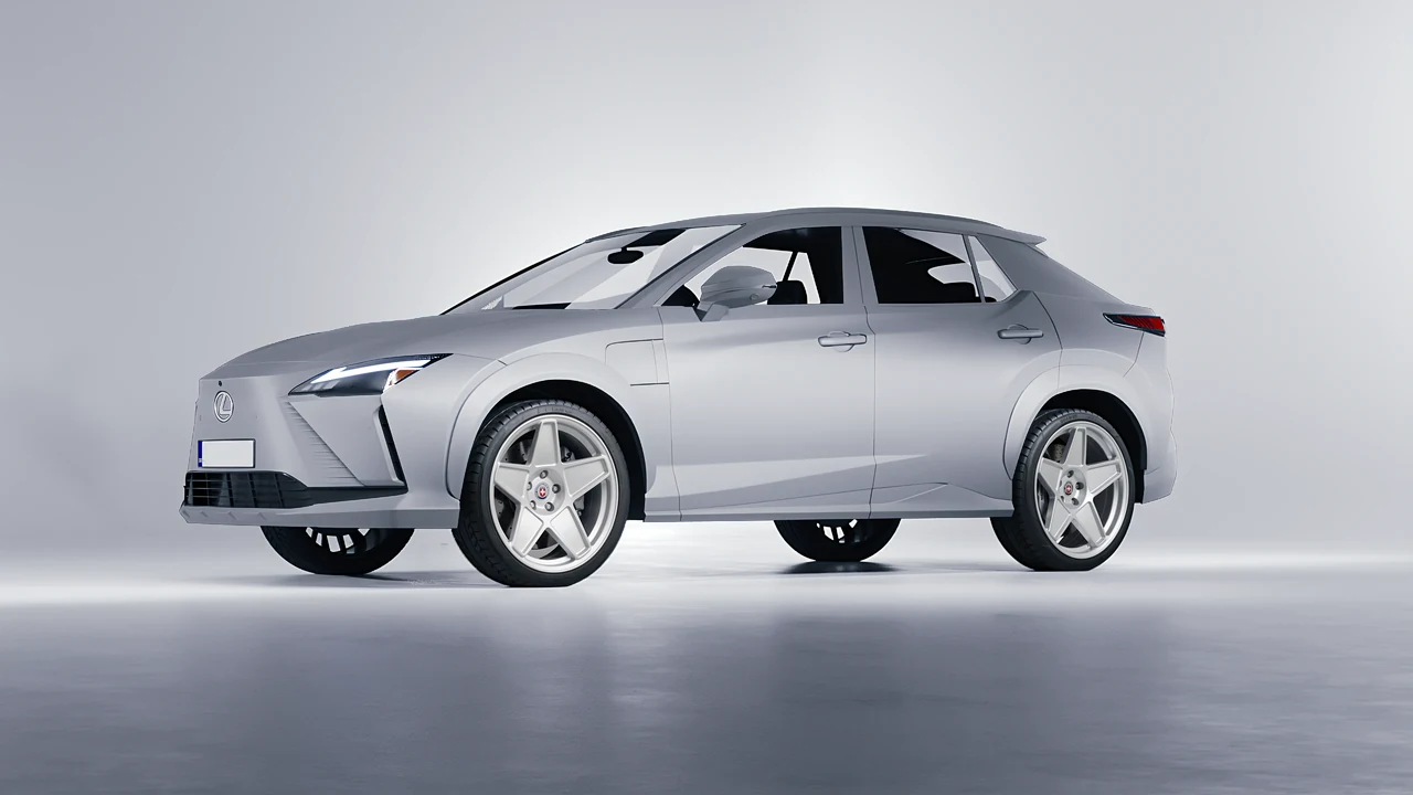 Lexus RZ 450e 2023 on HRE Performance Wheels 505M forged wheels, front three-quarter view