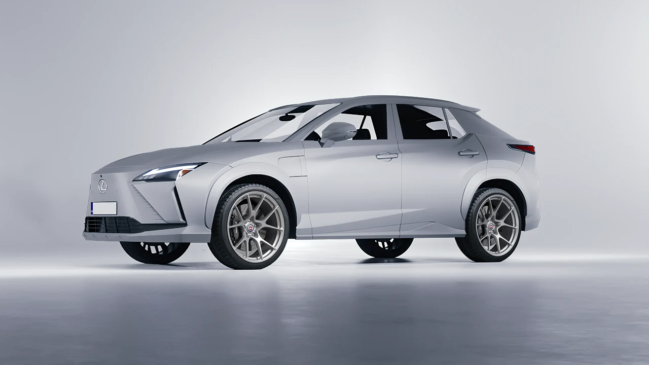 Lexus RZ 450e 2023 on HRE Performance Wheels 521M forged wheels, front three-quarter view