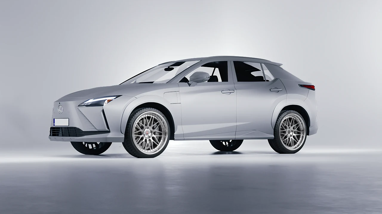 Lexus RZ 450e 2023 on HRE Performance Wheels 540C forged wheels, front three-quarter view