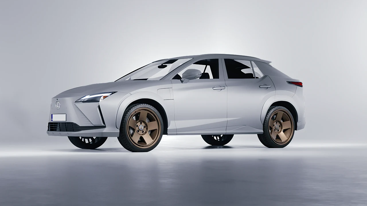 Lexus RZ 450e 2023 on HRE Performance Wheels 555-GTM forged wheels, front three-quarter view