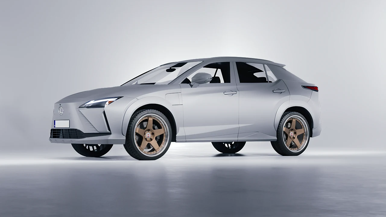 Lexus RZ 450e 2023 on HRE Performance Wheels C105 forged wheels, front three-quarter view