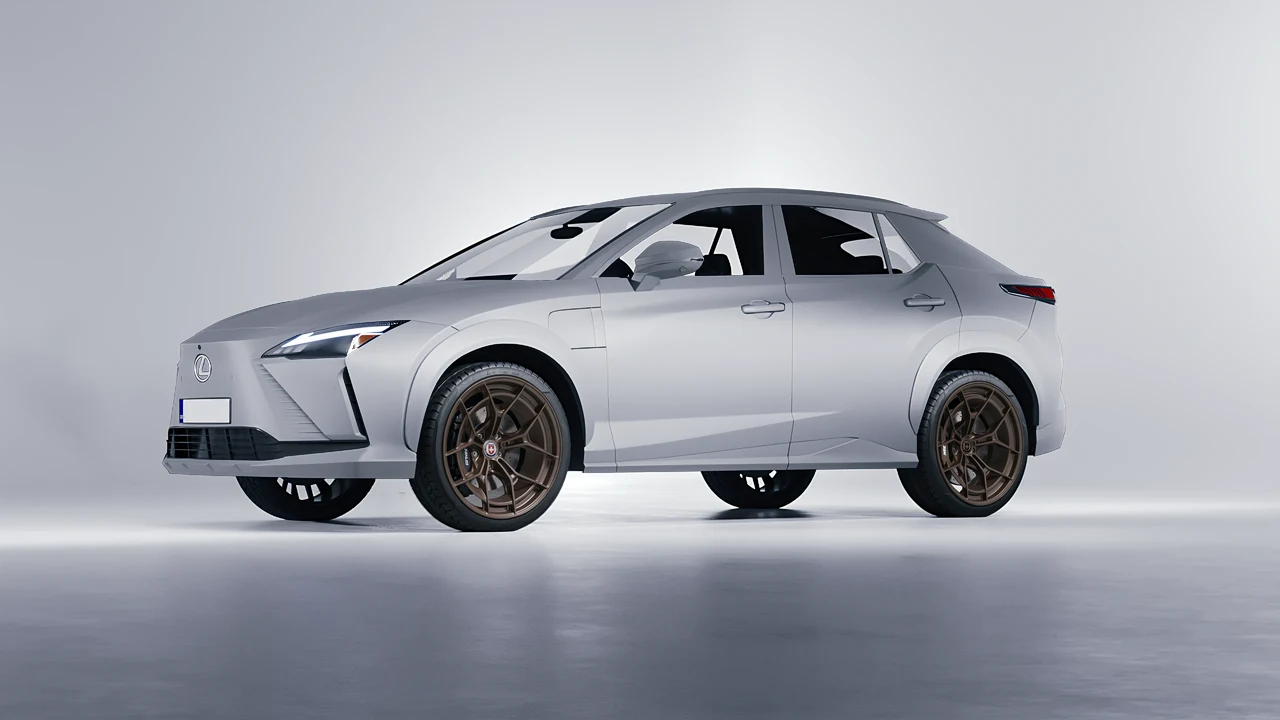 Lexus RZ 450e 2023 on HRE Performance Wheels P301 forged wheels, front three-quarter view