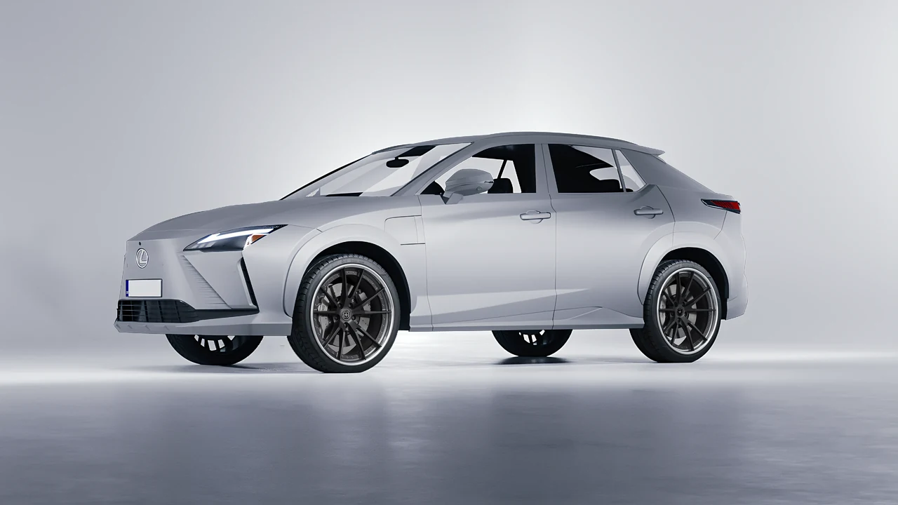 Lexus RZ 450e 2023 on HRE Performance Wheels S104 forged wheels, front three-quarter view