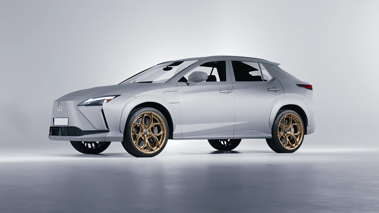 Lexus RZ 450e 2023 on HRE Performance Wheels S111SC forged wheels, front three-quarter view