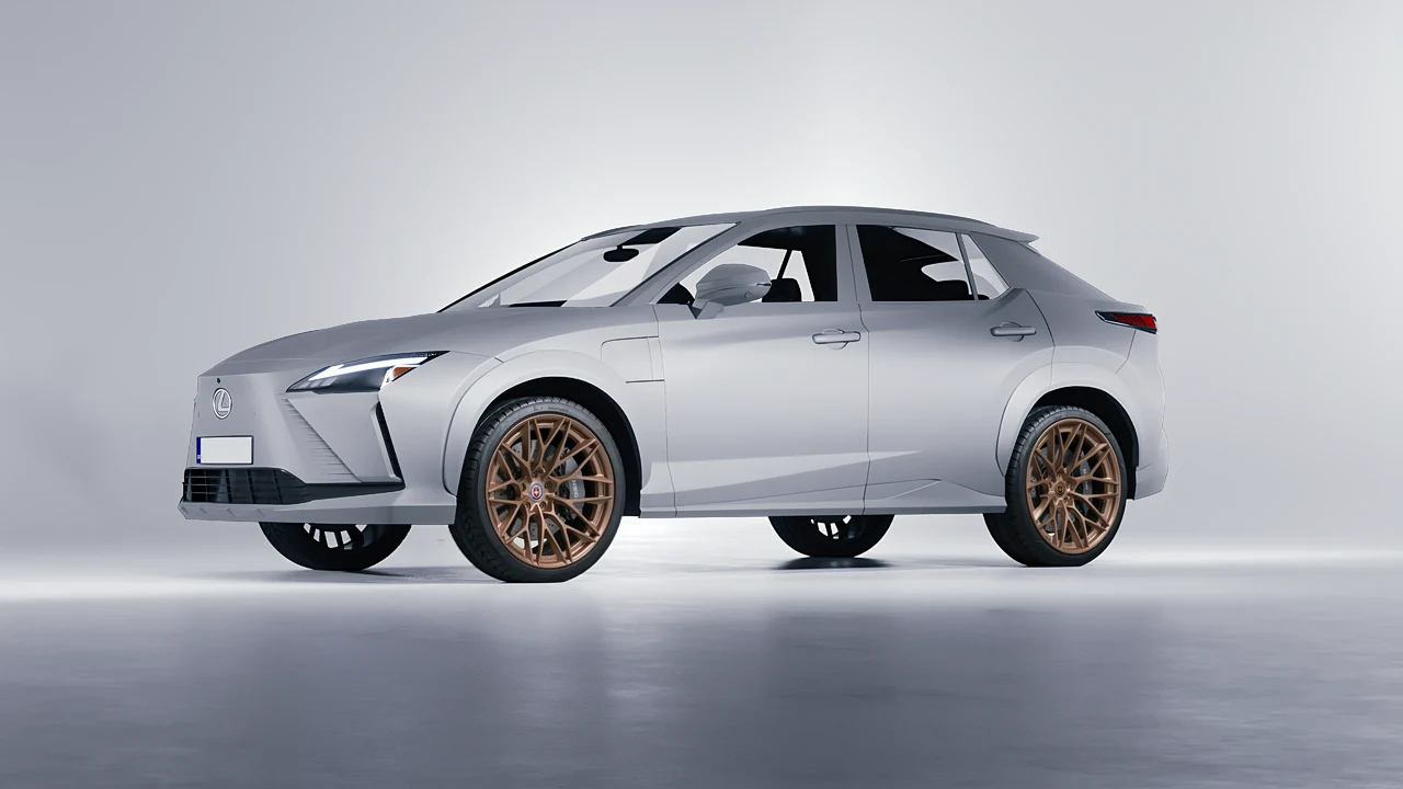Lexus RZ 450e 2023 on HRE Performance Wheels S200H forged wheels, front three-quarter view