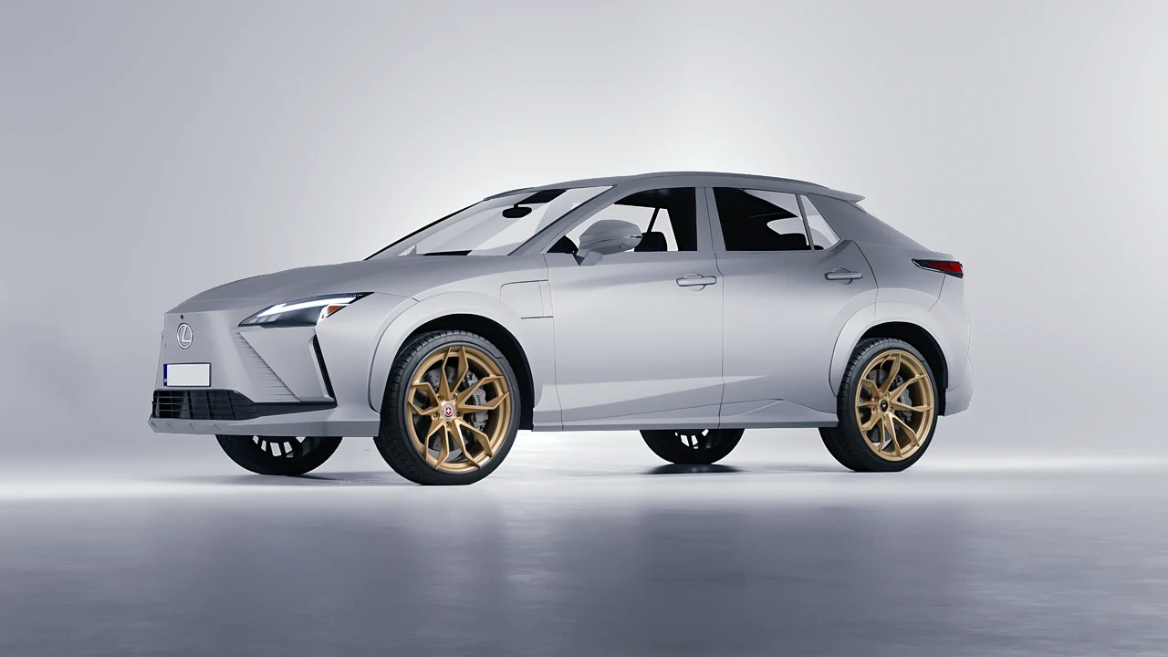 Lexus RZ 450e 2023 on HRE Performance Wheels S201H forged wheels, front three-quarter view