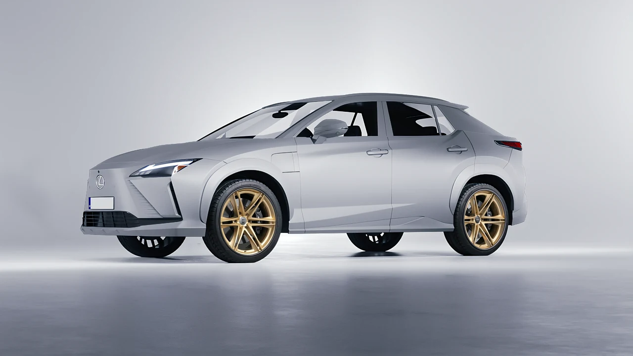 Lexus RZ 450e 2023 on HRE Performance Wheels S267H forged wheels, front three-quarter view
