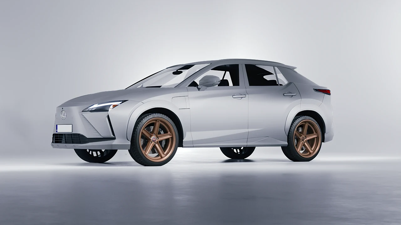 Lexus RZ 450e 2023 on HRE Performance Wheels Tusk forged wheels, front three-quarter view