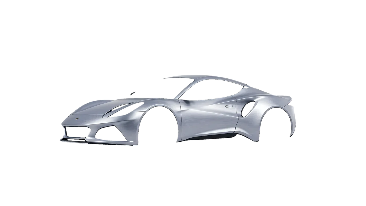 Lotus Emira 2022 wrapped in Brushed Aluminum (Avery Dennison SW900-812-X), front three-quarter view