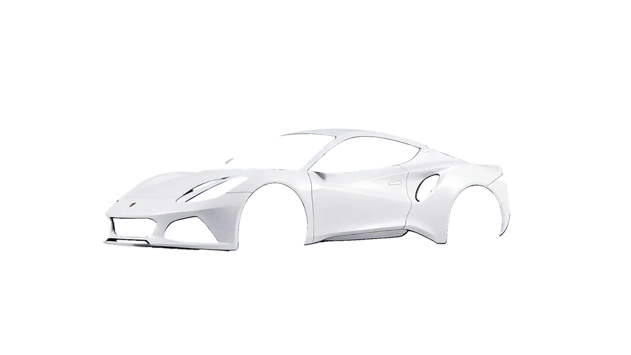 Lotus Emira 2022 wrapped in Carbon Fiber White (Avery Dennison SW900-115-X), front three-quarter view