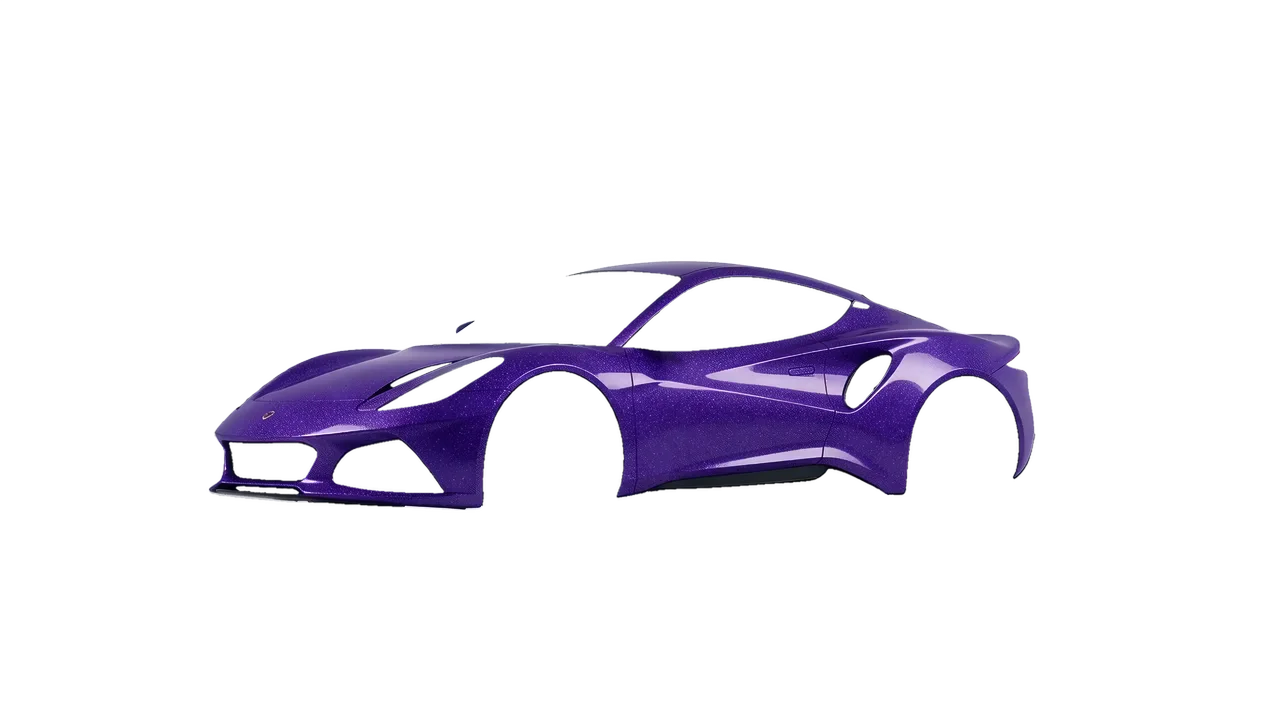 Lotus Emira 2022 wrapped in Purple (Avery Dennison SW900-587-D), front three-quarter view