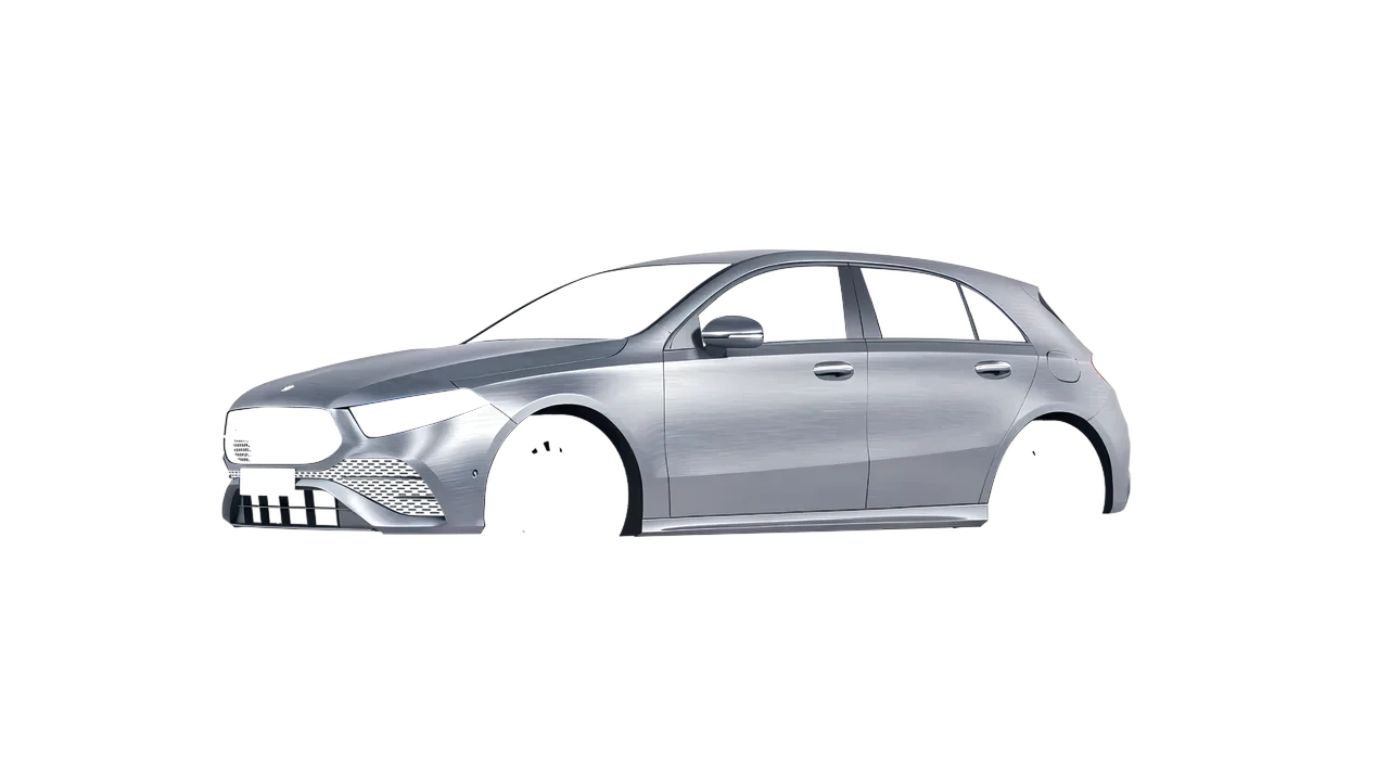 Mercedes-Benz A-Class AMG 2023 wrapped in Brushed Aluminum (Avery Dennison SW900-812-X), front three-quarter view