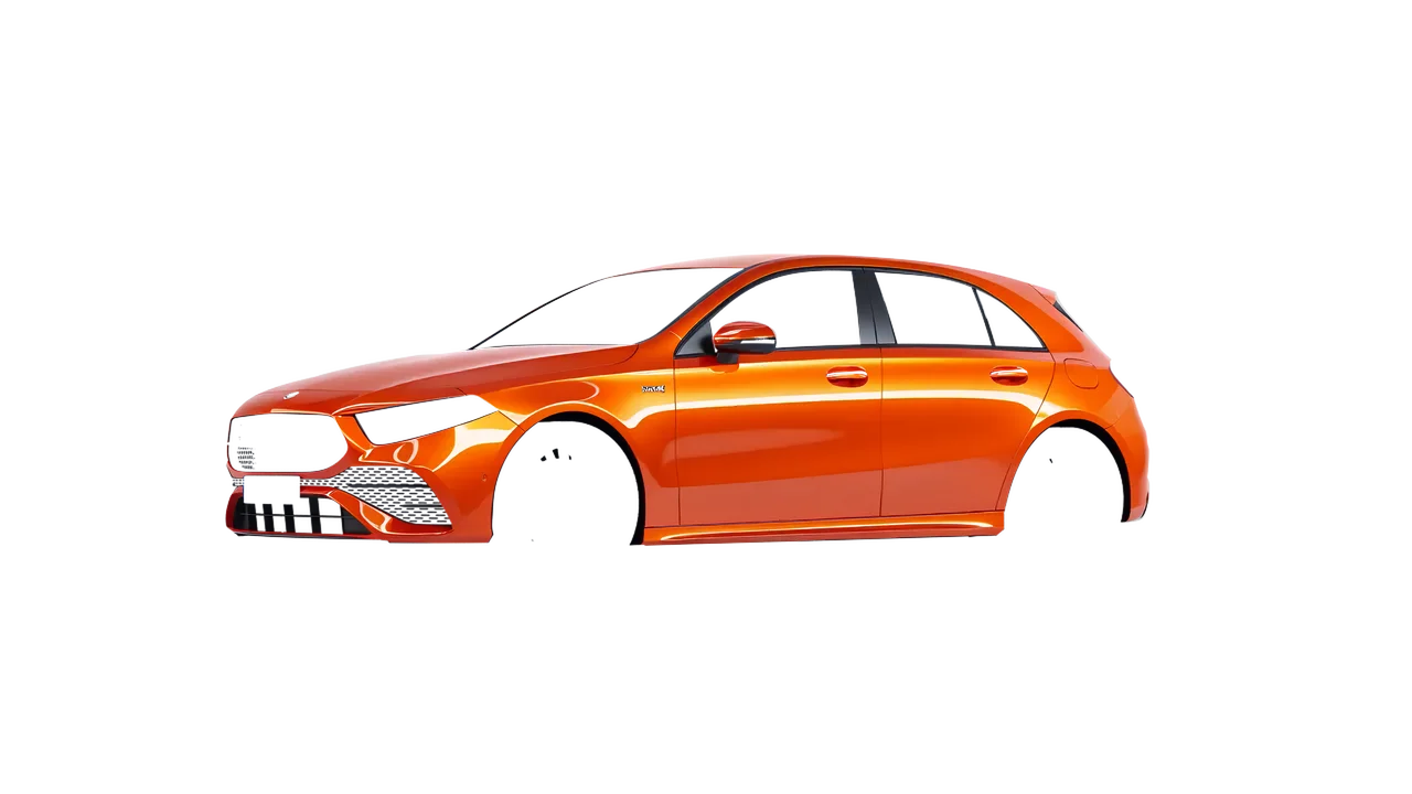 Mercedes-Benz A-Class AMG 2023 wrapped in Fiery Orange (3M G364), front three-quarter view
