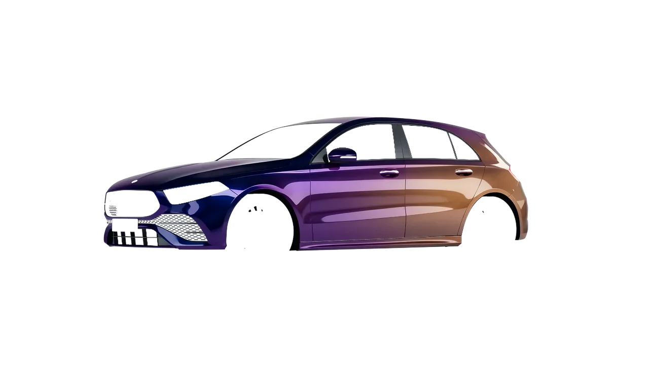 Mercedes-Benz A-Class AMG 2023 wrapped in Gloss Flip Deep Space (3M GP278), front three-quarter view
