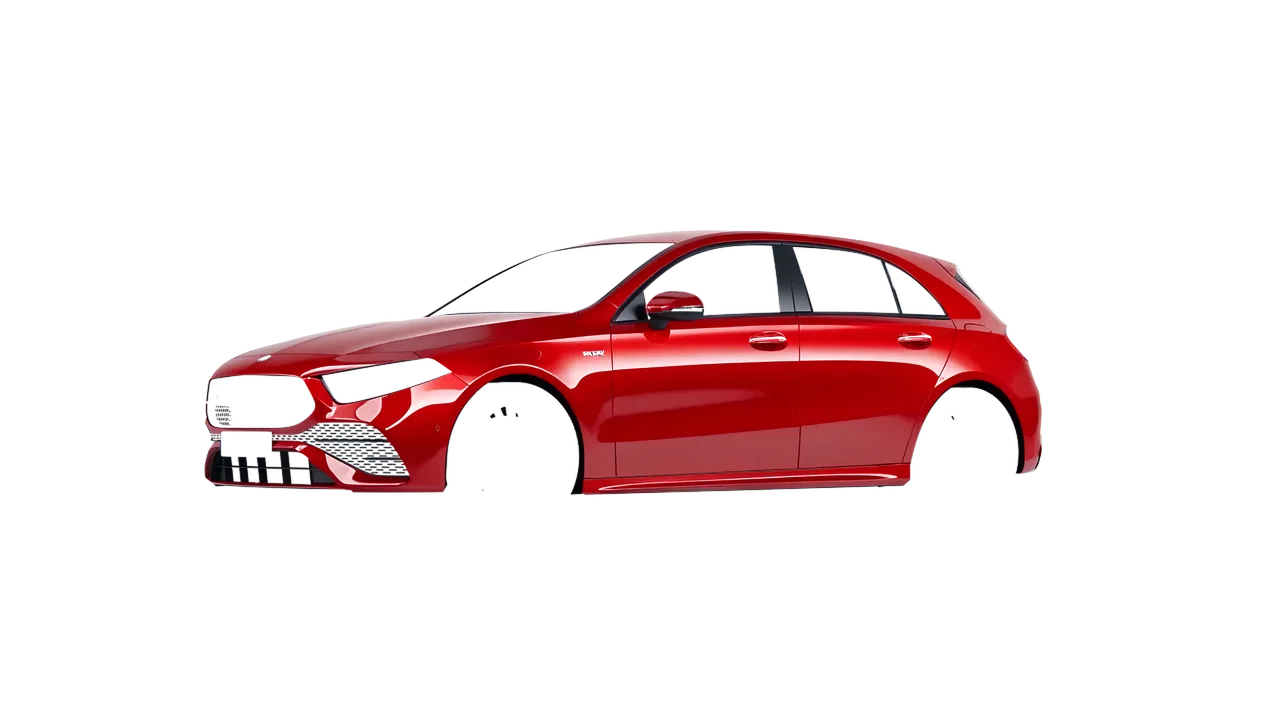 Mercedes-Benz A-Class AMG 2023 wrapped in Hot Rod Red (3M G13), front three-quarter view