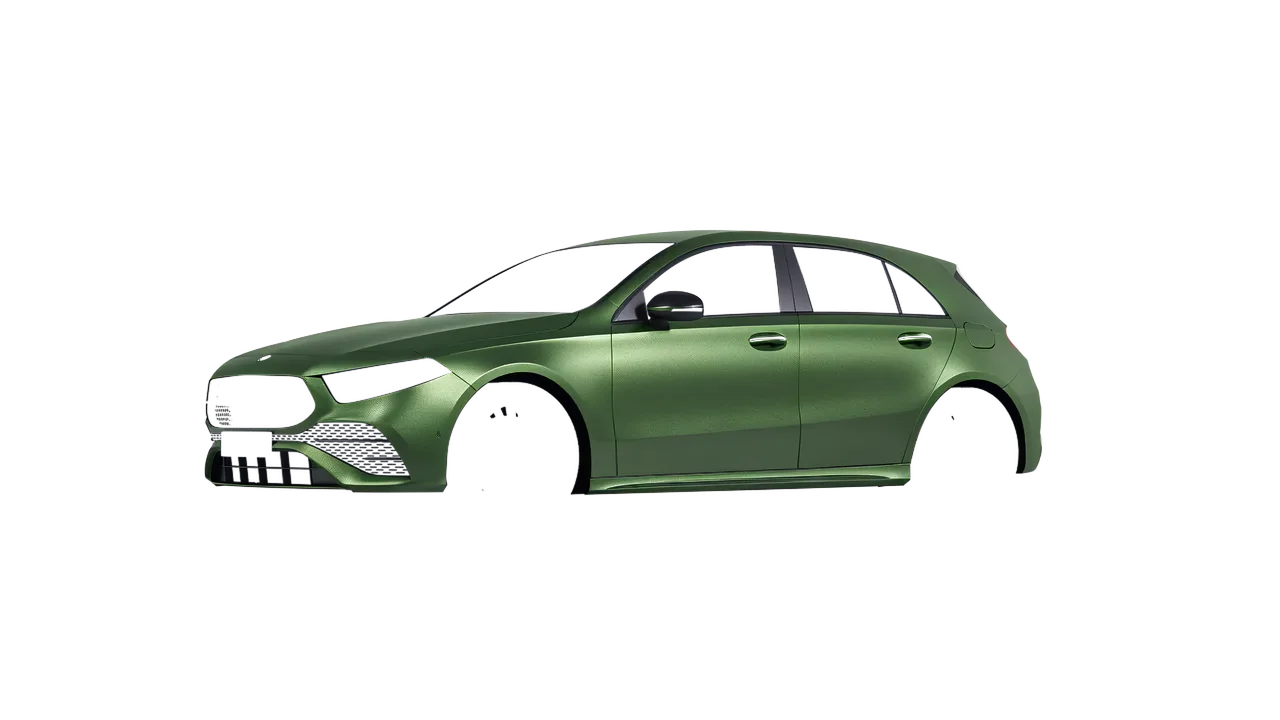 Mercedes-Benz A-Class AMG 2023 wrapped in Apple Green (Avery Dennison SW900-745-M), front three-quarter view