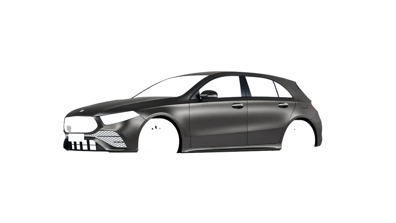 Mercedes-Benz A-Class AMG 2023 wrapped in Black Rock Grey (Avery Dennison SW900-823-M), front three-quarter view