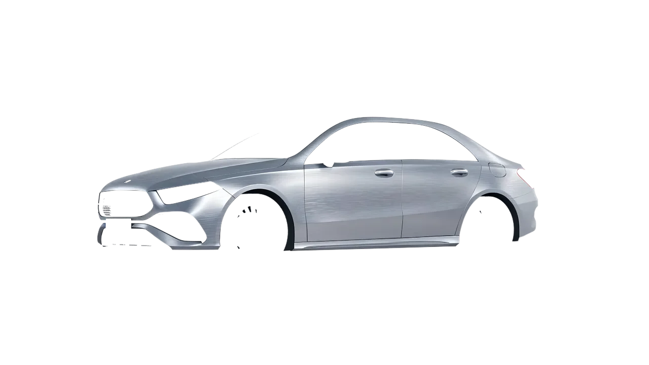 Mercedes-Benz A-Class Sedan AMG 2023 wrapped in Brushed Aluminum (Avery Dennison SW900-812-X), front three-quarter view