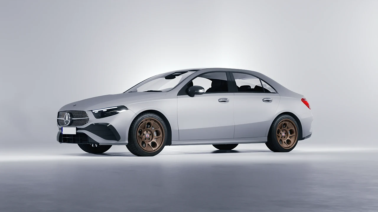 Mercedes-Benz A-Class Sedan AMG 2023 on HRE Performance Wheels 454-GTM forged wheels, front three-quarter view