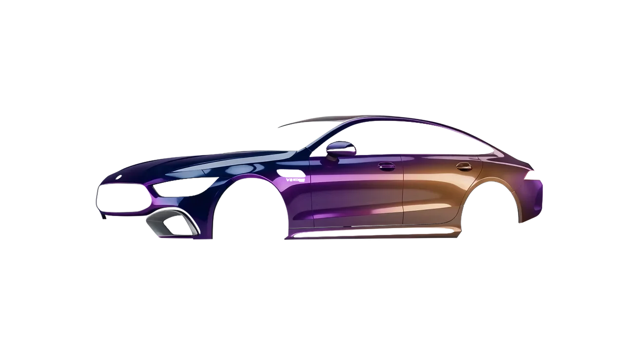 Mercedes-Benz AMG GT 63 2023 wrapped in Gloss Flip Deep Space (3M GP278), front three-quarter view