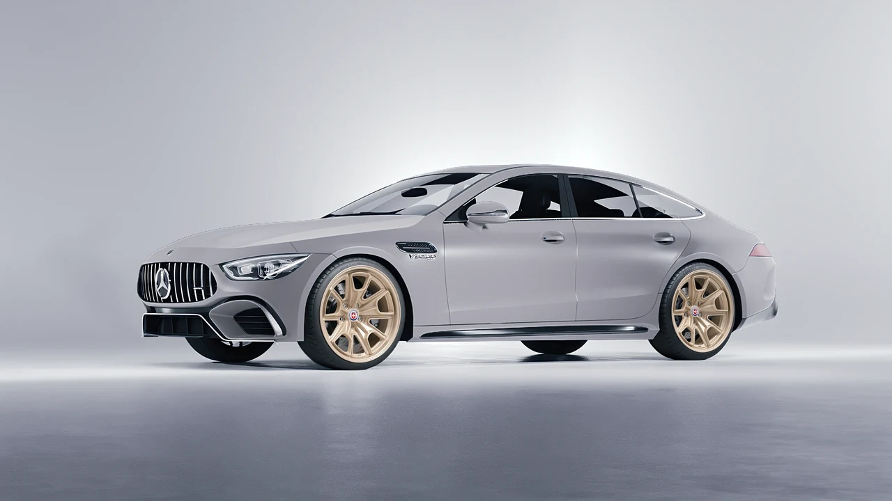 Mercedes-Benz AMG GT 63 2023 on HRE Performance Wheels 427M forged wheels, front three-quarter view