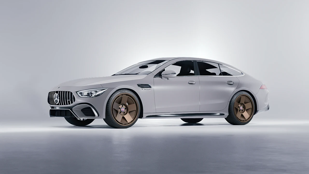 Mercedes-Benz AMG GT 63 2023 on HRE Performance Wheels 555-GTM forged wheels, front three-quarter view