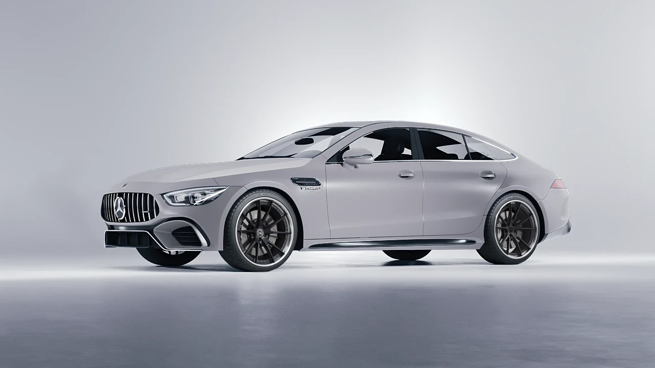 Mercedes-Benz AMG GT 63 2023 on HRE Performance Wheels S104 forged wheels, front three-quarter view