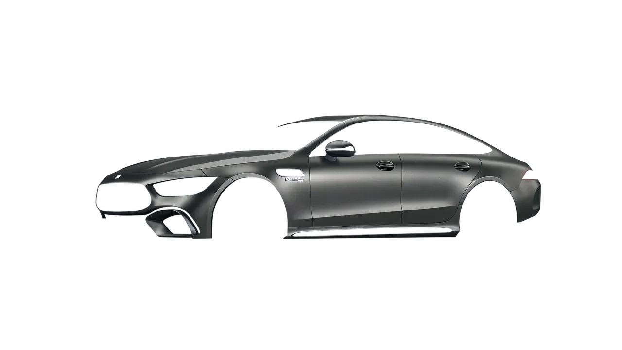 Mercedes-Benz AMG GT 63 2023 wrapped in Black Rock Grey (Avery Dennison SW900-823-M), front three-quarter view