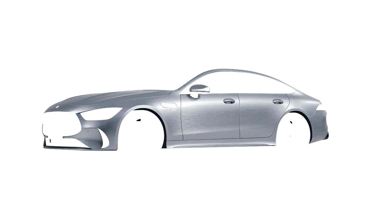 Mercedes-Benz AMG Gt53 4 Door 2023 wrapped in Brushed Aluminum (Avery Dennison SW900-812-X), front three-quarter view
