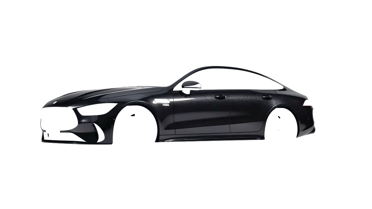 Mercedes-Benz AMG Gt53 4 Door 2023 wrapped in Mystery Black (Avery Dennison SW900-184-M), front three-quarter view
