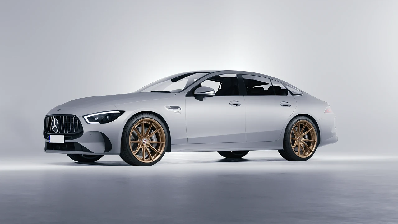 Mercedes-Benz AMG Gt53 4 Door 2023 on HRE Performance Wheels S104SC forged wheels, front three-quarter view