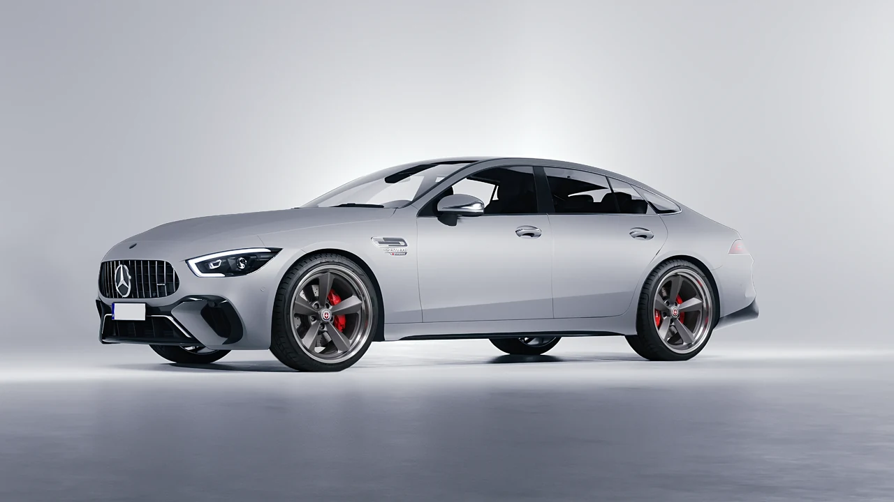 Mercedes-Benz AMG Gt63 S E Performance 4 Door 2023 on HRE Performance Wheels 105 forged wheels, front three-quarter view