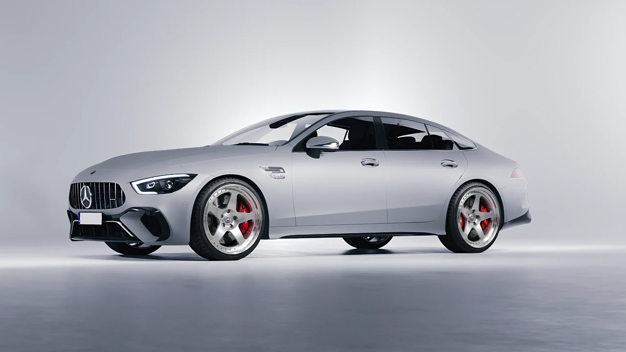 Mercedes-Benz AMG Gt63 S E Performance 4 Door 2023 on HRE Performance Wheels 305 forged wheels, front three-quarter view
