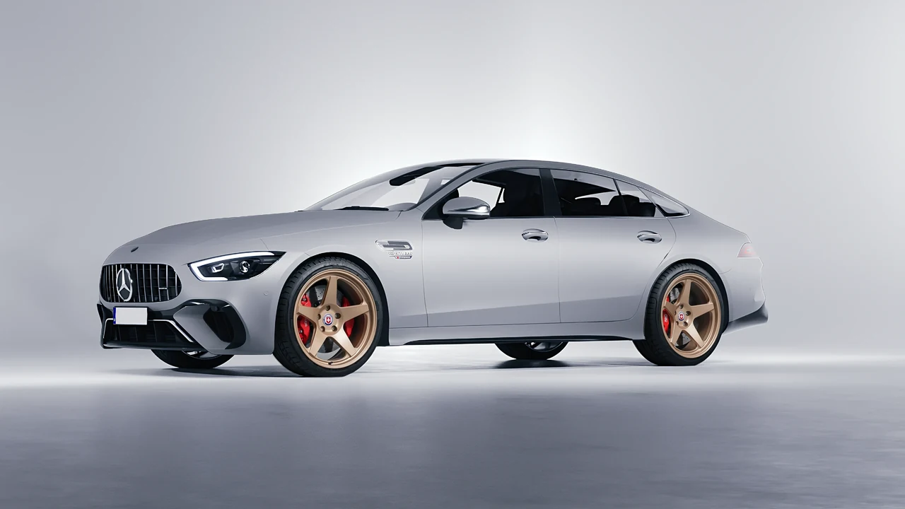 Mercedes-Benz AMG Gt63 S E Performance 4 Door 2023 on HRE Performance Wheels 305-GTS forged wheels, front three-quarter view