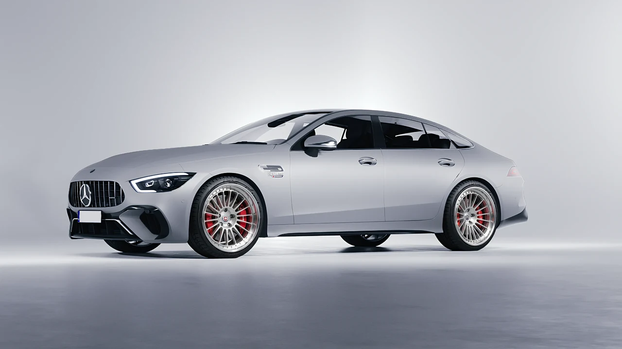 Mercedes-Benz AMG Gt63 S E Performance 4 Door 2023 on HRE Performance Wheels 309 forged wheels, front three-quarter view