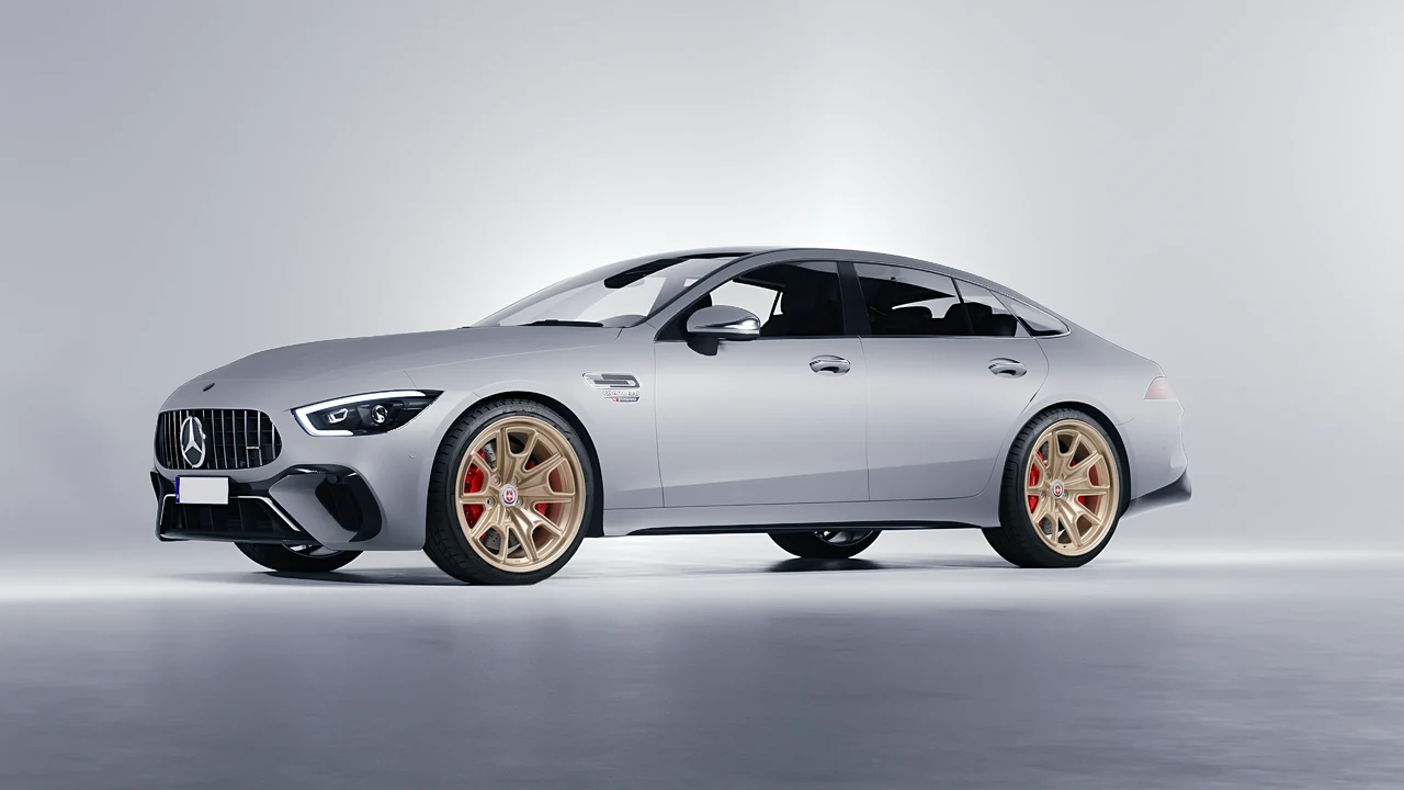 Mercedes-Benz AMG Gt63 S E Performance 4 Door 2023 on HRE Performance Wheels 427M forged wheels, front three-quarter view