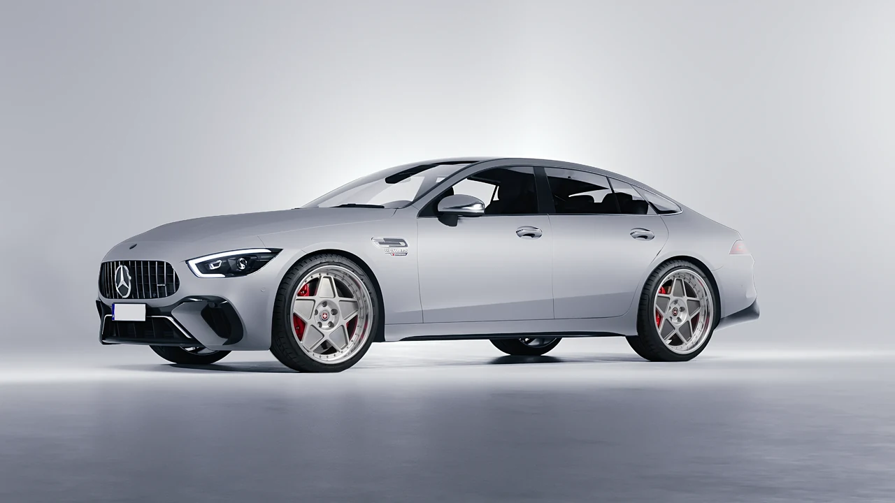 Mercedes-Benz AMG Gt63 S E Performance 4 Door 2023 on HRE Performance Wheels 505 forged wheels, front three-quarter view