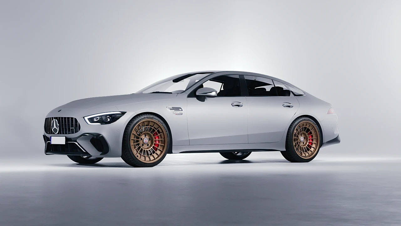 Mercedes-Benz AMG Gt63 S E Performance 4 Door 2023 on HRE Performance Wheels 515-GTM forged wheels, front three-quarter view