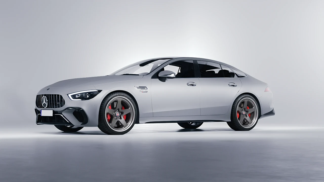 Mercedes-Benz AMG Gt63 S E Performance 4 Door 2023 on HRE Performance Wheels 527 forged wheels, front three-quarter view