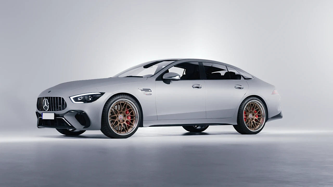 Mercedes-Benz AMG Gt63 S E Performance 4 Door 2023 on HRE Performance Wheels C100 forged wheels, front three-quarter view