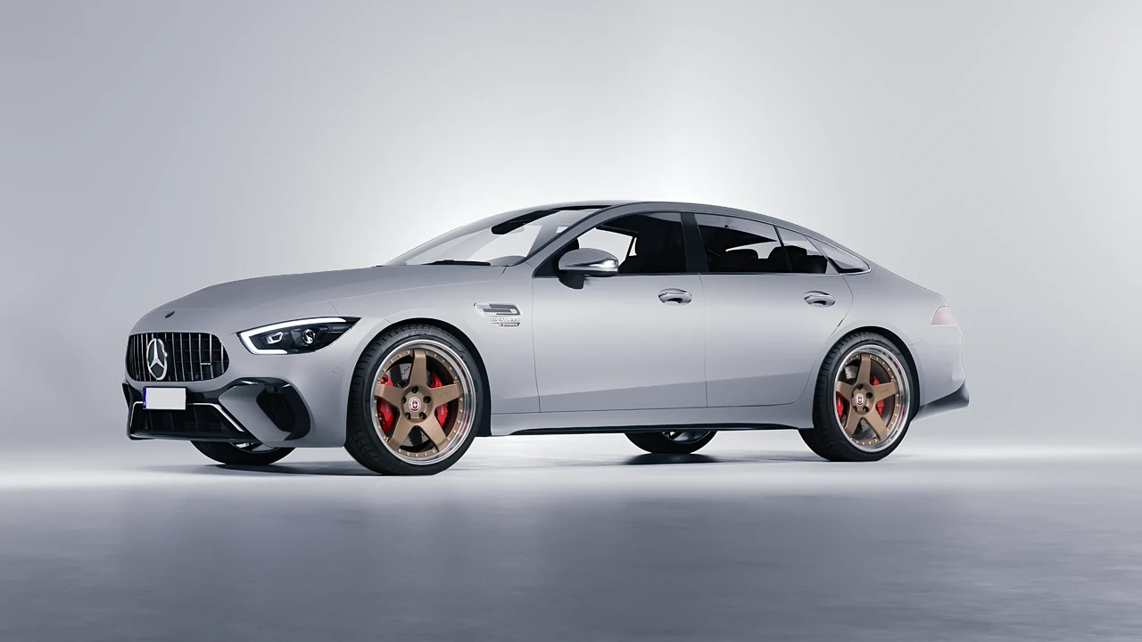 Mercedes-Benz AMG Gt63 S E Performance 4 Door 2023 on HRE Performance Wheels C105 forged wheels, front three-quarter view