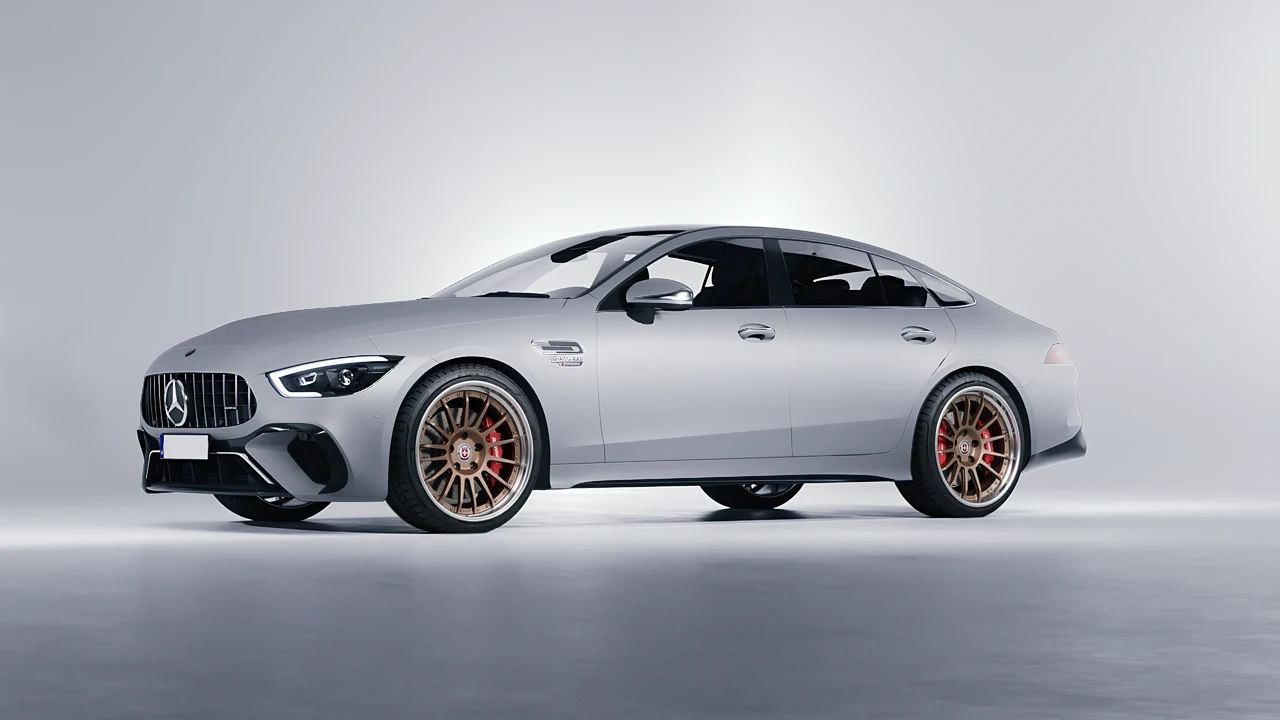 Mercedes-Benz AMG Gt63 S E Performance 4 Door 2023 on HRE Performance Wheels C109 forged wheels, front three-quarter view