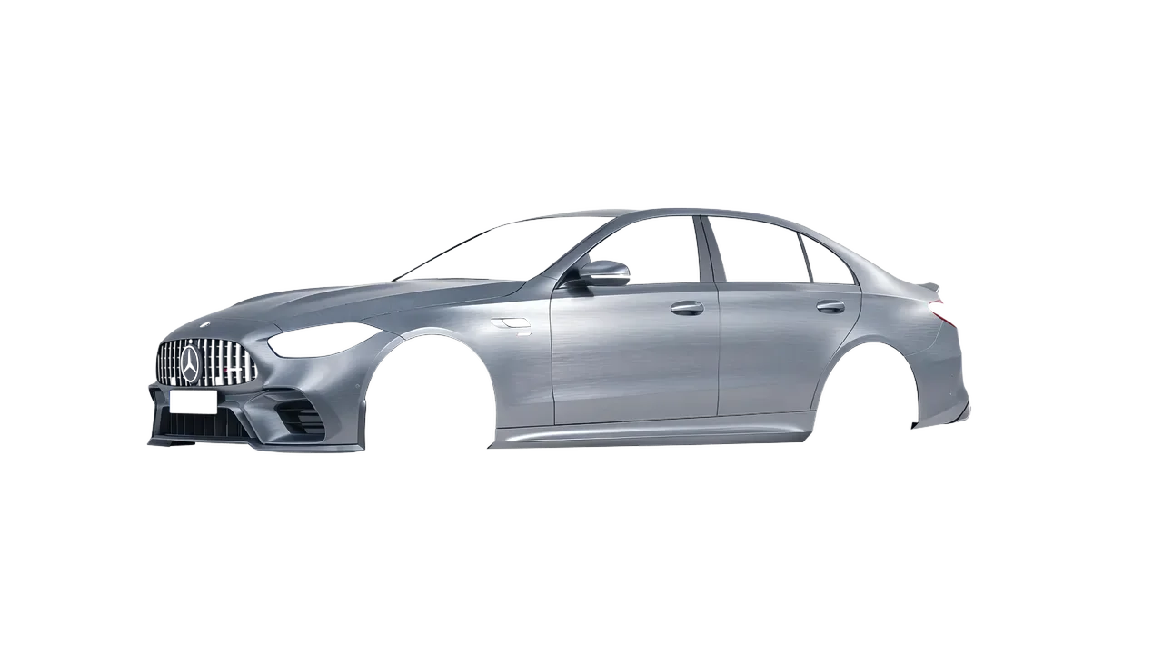 Mercedes-Benz C63s AMG E Performance 2023 wrapped in Brushed Aluminum (Avery Dennison SW900-812-X), front three-quarter view