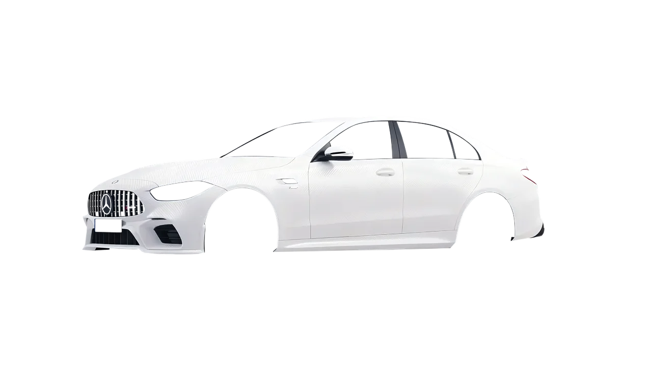 Mercedes-Benz C63s AMG E Performance 2023 wrapped in Carbon Fiber White (Avery Dennison SW900-115-X), front three-quarter view