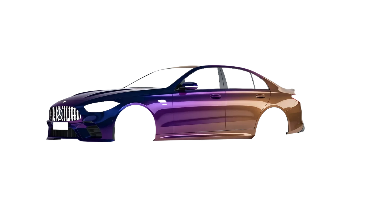 Mercedes-Benz C63s AMG E Performance 2023 wrapped in Gloss Flip Deep Space (3M GP278), front three-quarter view