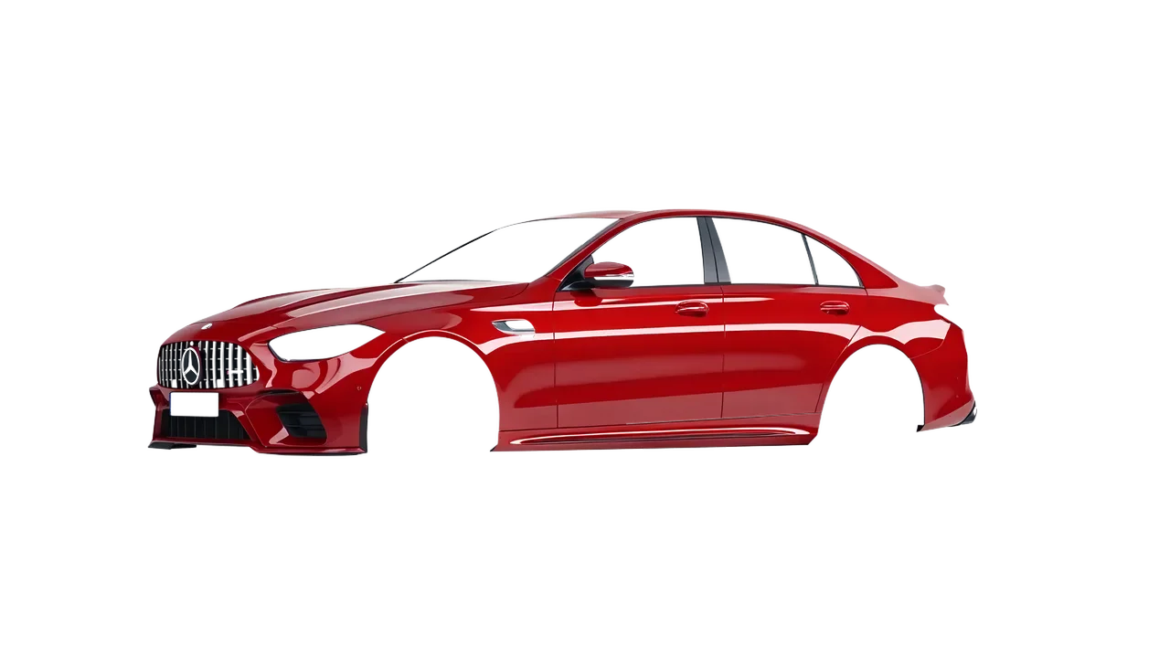 Mercedes-Benz C63s AMG E Performance 2023 wrapped in Hot Rod Red (3M G13), front three-quarter view