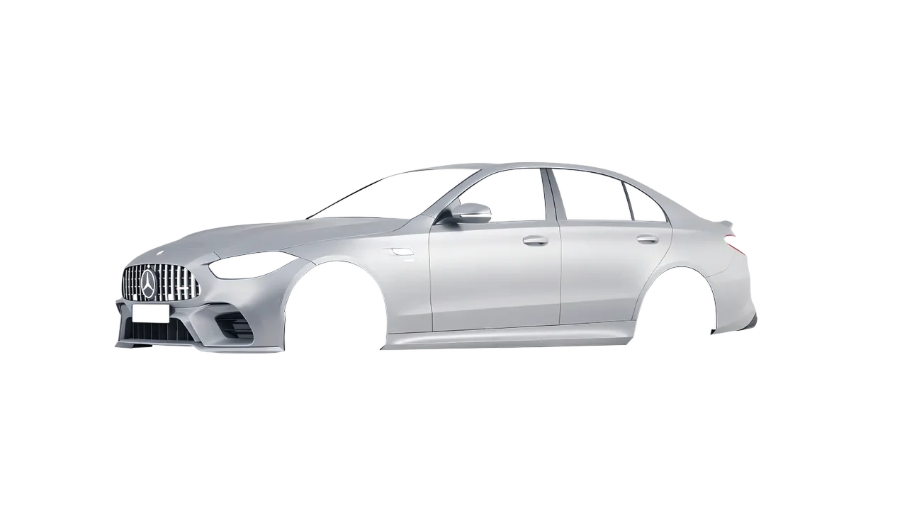 Mercedes-Benz C63s AMG E Performance 2023 wrapped in Matte Silver (3M M21), front three-quarter view